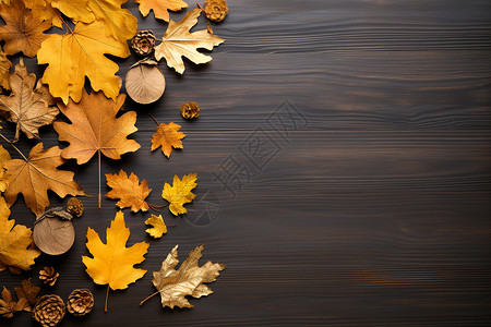 木桌上的秋叶背景图片
