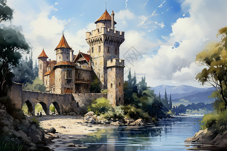手绘艺术的湖畔城堡建筑背景图片