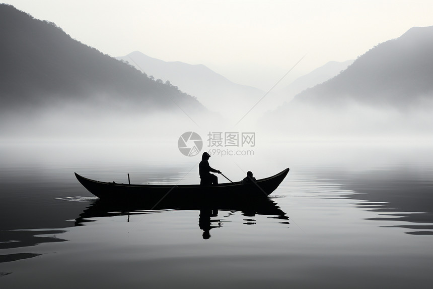 雾漫湖上的渔船图片