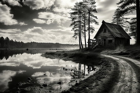 乡村湖畔木屋建筑背景图片