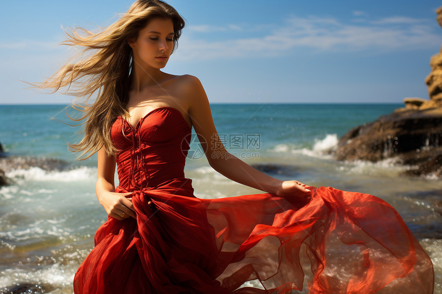 海边的红裙美人图片