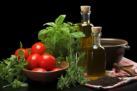 美味的蔬菜和橄榄油高清图片