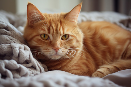 动物的家橘色猫咪安静躺在床上背景