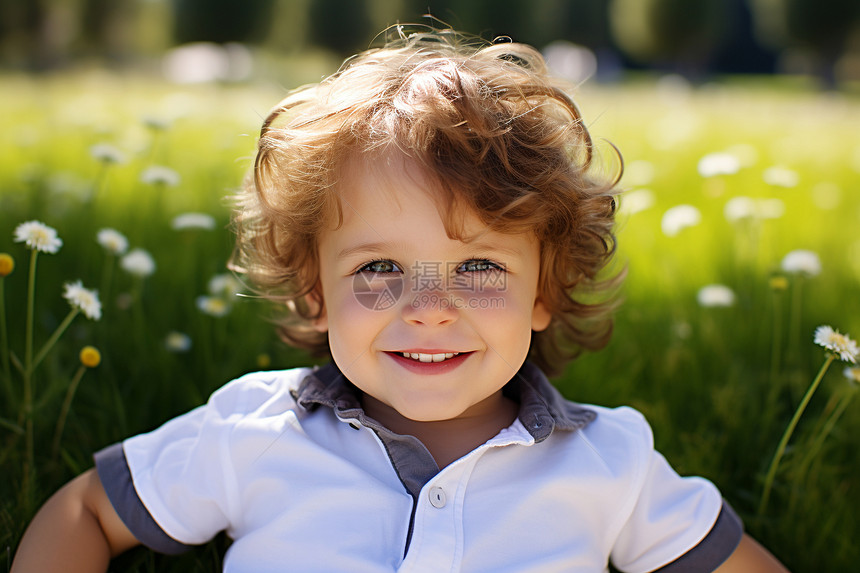快乐的小男孩在草地上微笑图片
