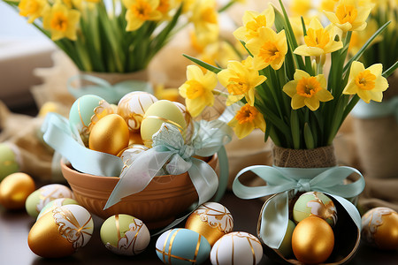复活节鲜花和彩蛋背景图片