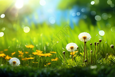 春天季节绿色的草地上的蒲公英背景