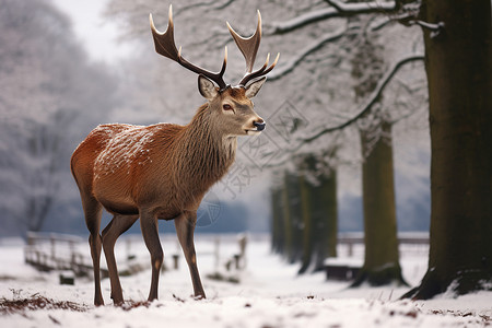 冬季森林中的鹿背景图片