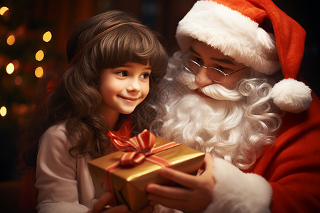 拿礼盒老人圣诞老人与小女孩插画