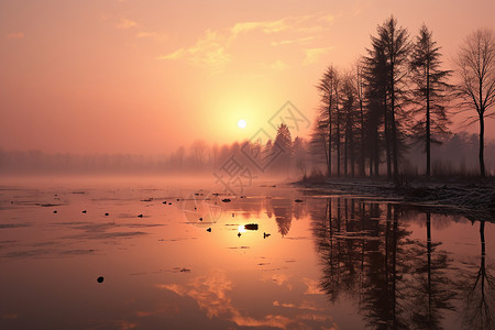 日出下的森林湖畔背景图片