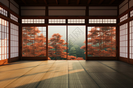 秋日山林间的日式建筑背景图片
