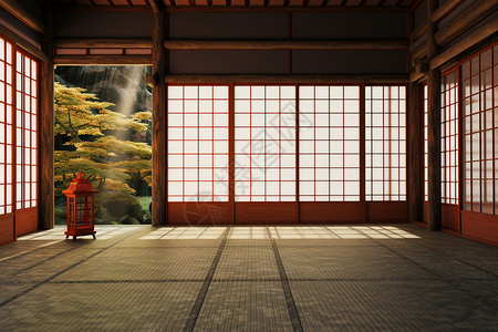 日式房间外的山林背景图片
