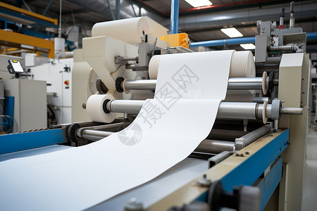 印刷生产正在切割卷纸的机器背景