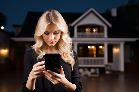 女性站在房屋前使用手机背景图片