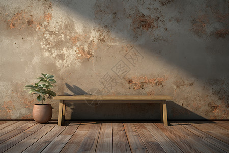 斑驳墙壁下的木桌背景图片