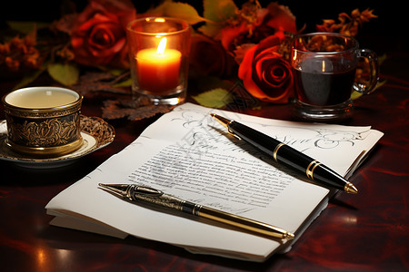 玫瑰桌子上的钢笔纸张背景图片
