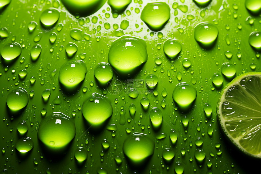 绿色表面上的水滴和柠檬图片