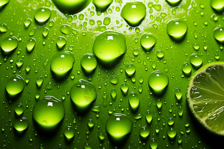 绿色表面上的水滴和柠檬背景图片