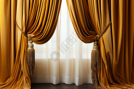 室内的金色窗帘背景图片