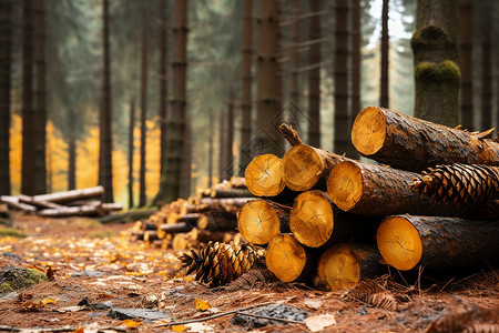 森林里伐木的木材背景图片