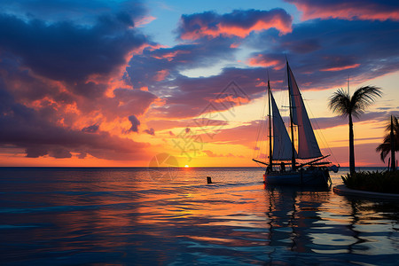 日落下的帆船背景图片