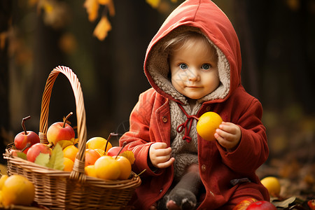 秋季森林中吃水果的小女孩高清图片