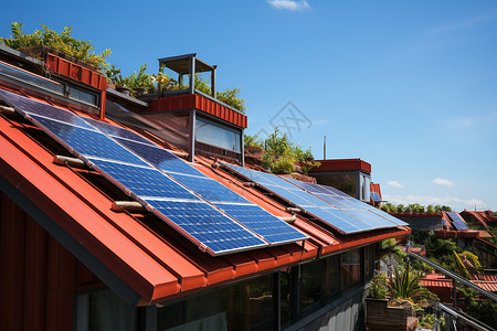 现代屋顶上的太阳能光伏板背景图片