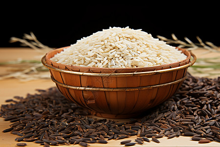 木盆里的大米背景图片