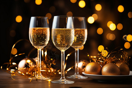 桌子上的香槟酒和圣诞球背景图片