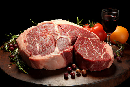 鲜肉和红酒背景图片