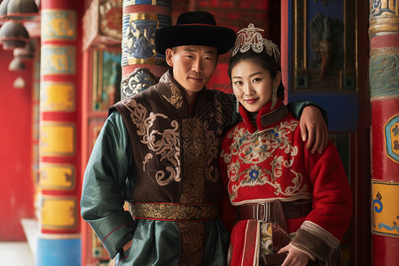 传统服饰的亚洲年轻夫妻背景图片
