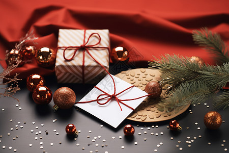 圣诞节贺卡开屏竖版插画桌上的礼物和贺卡背景