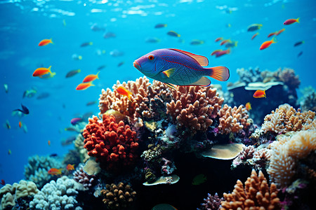 海底的珊瑚和野生鱼类背景图片