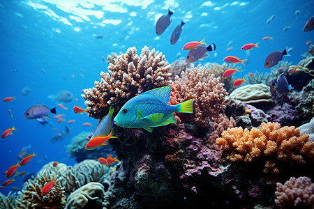 海底野生鱼类海底的珊瑚礁和鱼儿背景