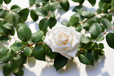 绿叶环绕的白玫瑰背景图片