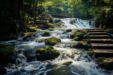 苔藓河河流上的小瀑布背景