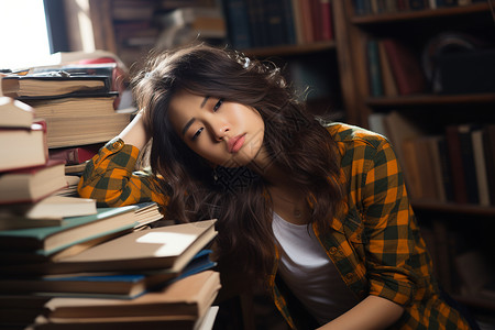 图书馆里疲倦的女大学生背景图片