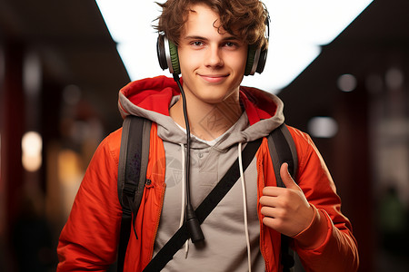 音乐男孩戴耳机享受音乐的男孩背景