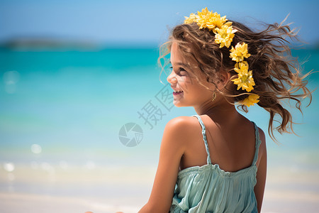 小女孩在海滩上背景图片