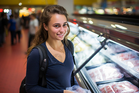 超市里选购食品的女孩背景图片