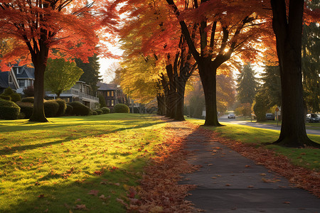 秋日枫树下的林间小路背景图片