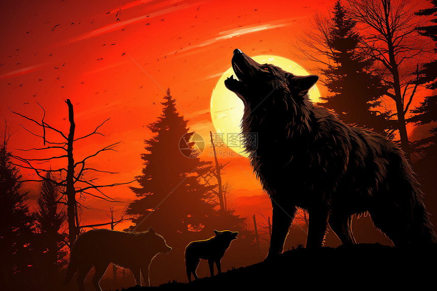日落丛林中的狼图片