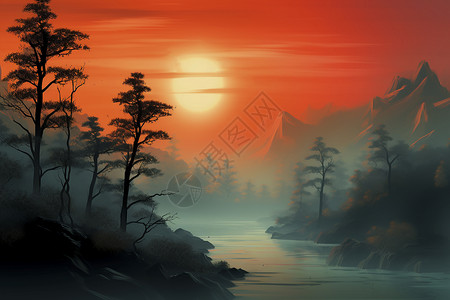 河边树林中的日出背景图片