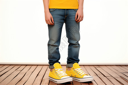 黄色裤子男孩穿着黄色帆布鞋背景