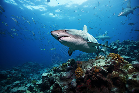 鲨鱼游过珊瑚礁背景图片