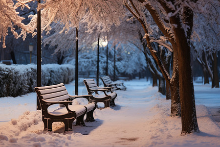 公园灯光素材冬夜街灯下的长椅背景
