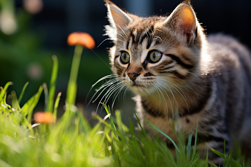 小猫在绿草花丛中漫步图片