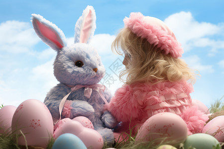 女孩和玩偶彩蛋间的玩偶兔子和女孩背景