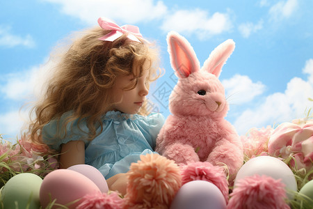 手绘兔子玩偶复活节兔子和女孩背景