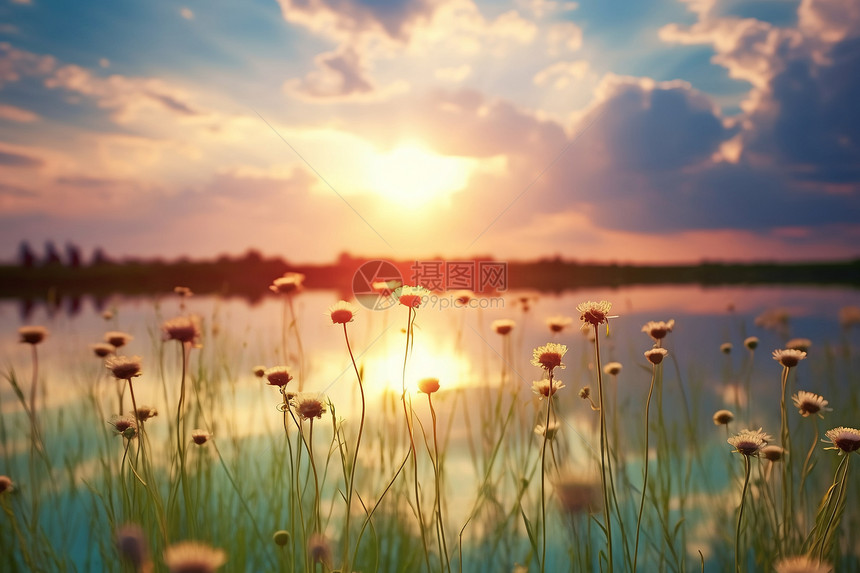 湖畔夕阳中的花海图片