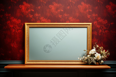 红墙前的桌子和画框背景图片